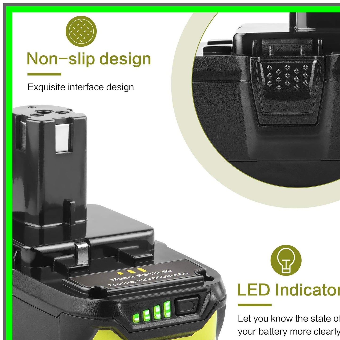 High-Capacity 18V Lithium Battery for Ryobi Cordless Tools with LED Indicator