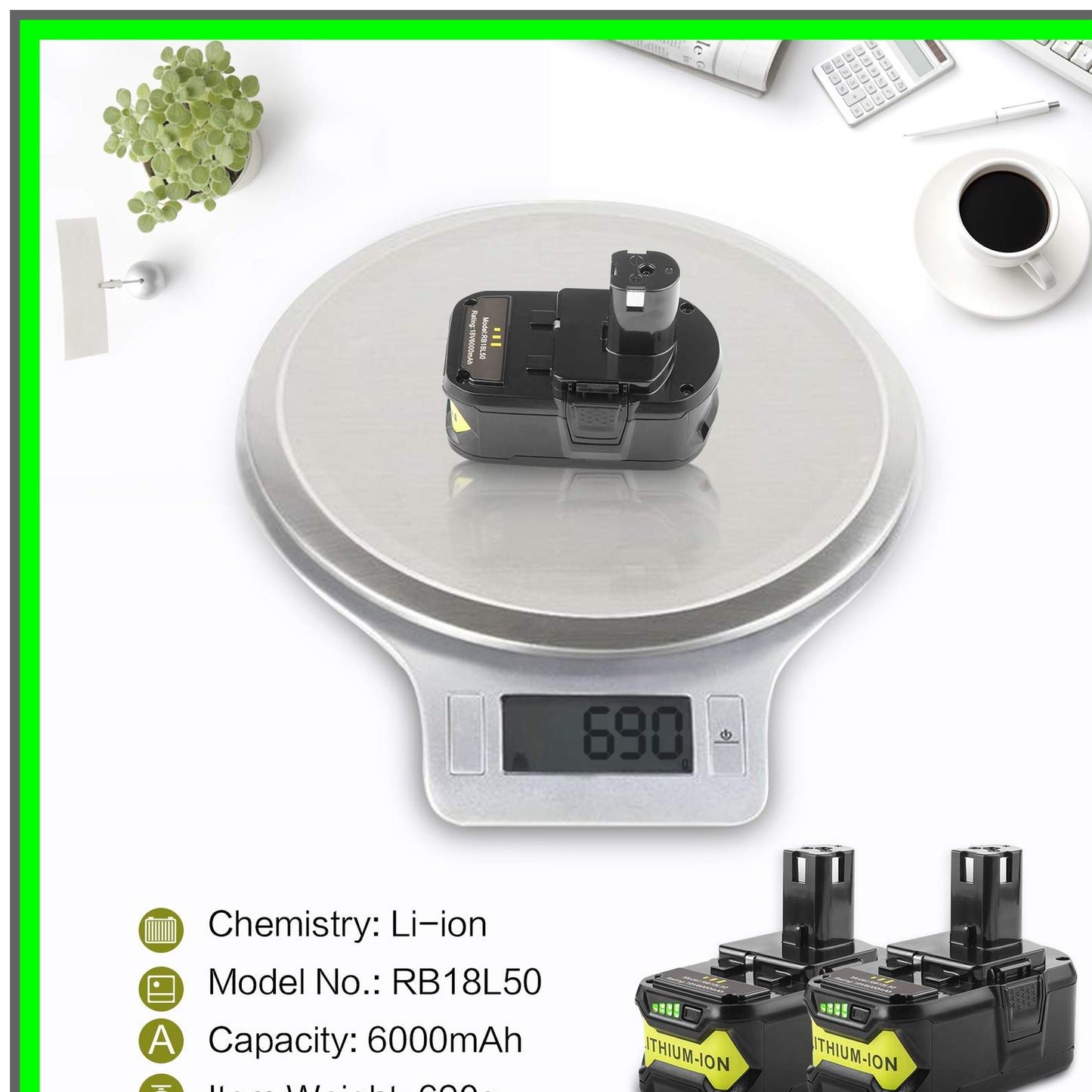 High-Capacity 18V Lithium Battery for Ryobi Cordless Tools with LED Indicator