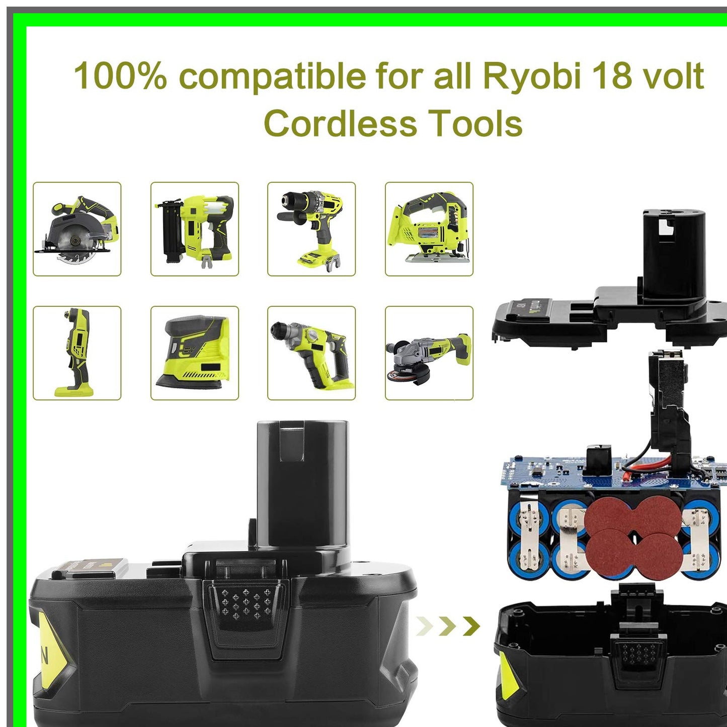 High-Capacity 18V Lithium Battery for Ryobi Cordless Tools with LED Indicator