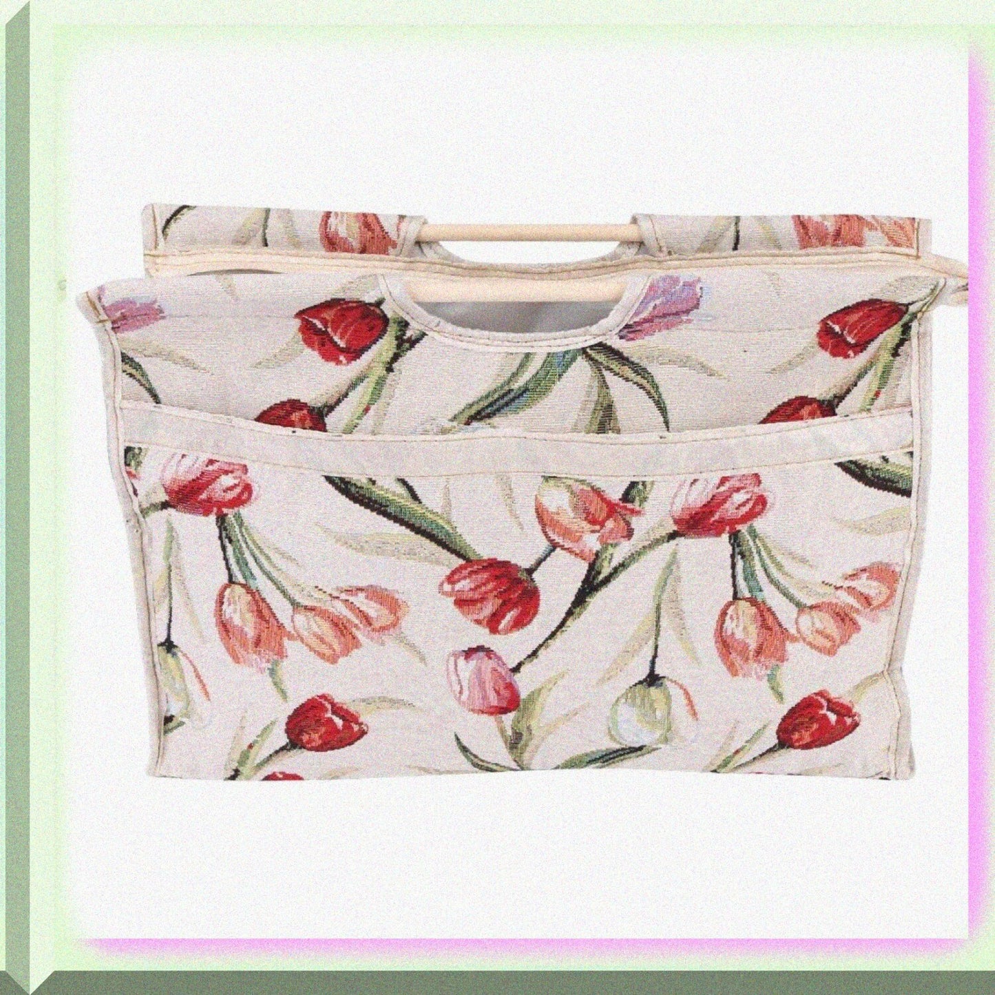 Red Flower Knitting Bag 16.5x11.8x4.3in with Wood Handles