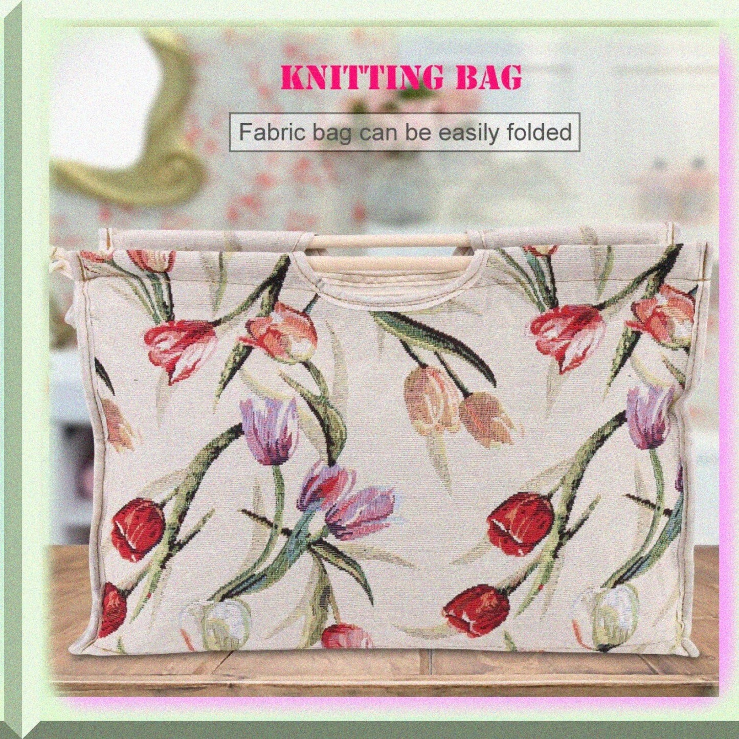 Red Flower Knitting Bag 16.5x11.8x4.3in with Wood Handles
