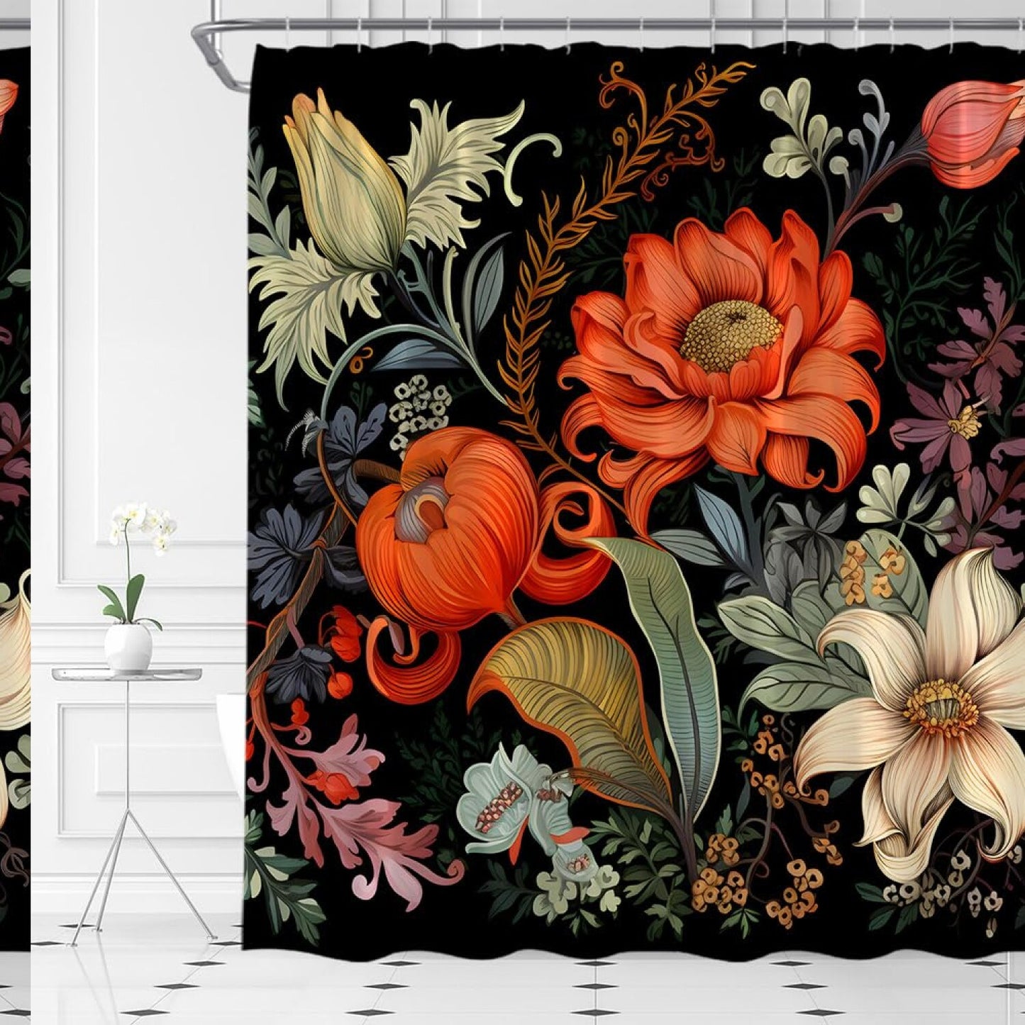 Black Floral Shower Curtain 70x70 inches