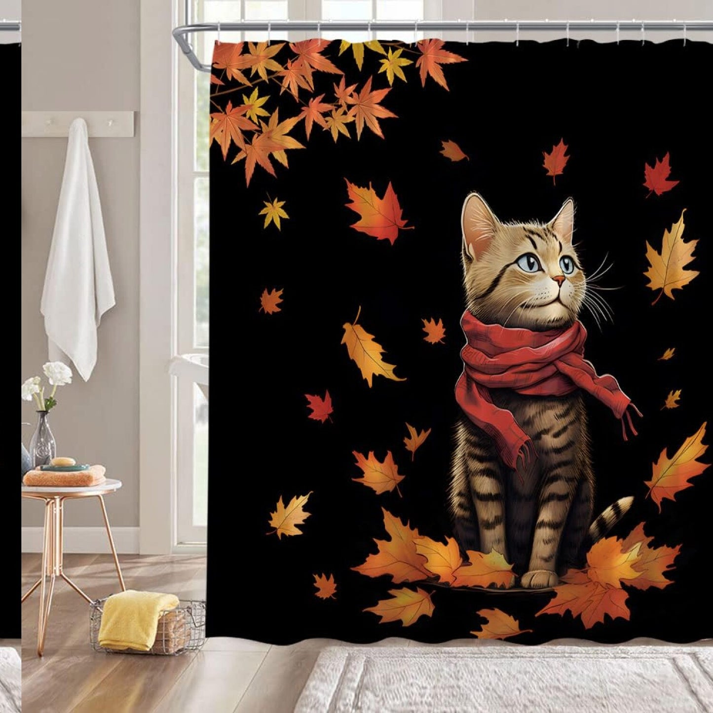 Cat Shower Curtain 70x70 Inches Black Fabric