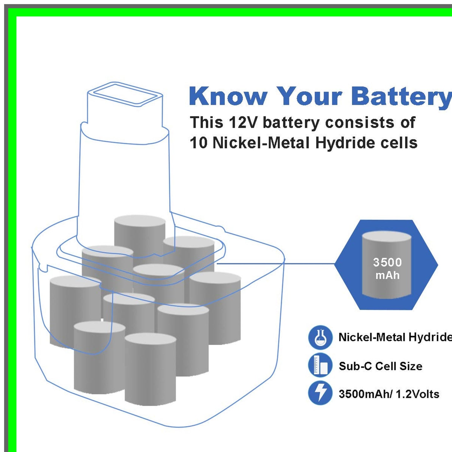 High-Capacity 3.5Ah 9.6V Ni-MH Battery for DE9061 DE9062 Power Tools