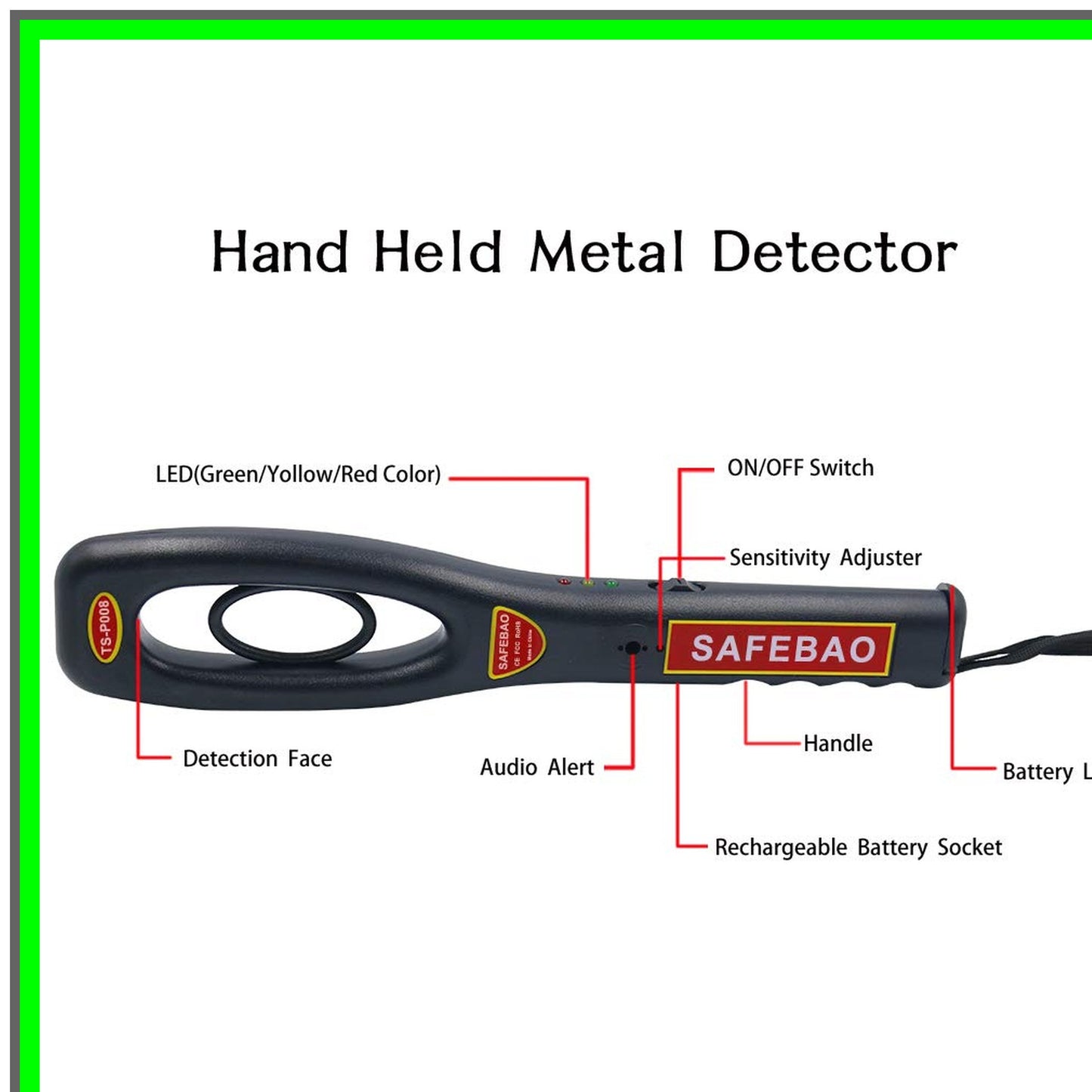 Handheld Metal Detector Wand with Adjustable Sensitivity and Alerts