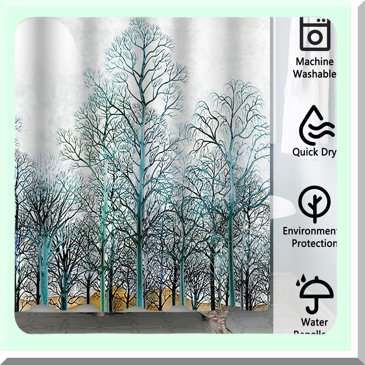 Tree Shower Curtain 72x72 Inches Green with Hooks