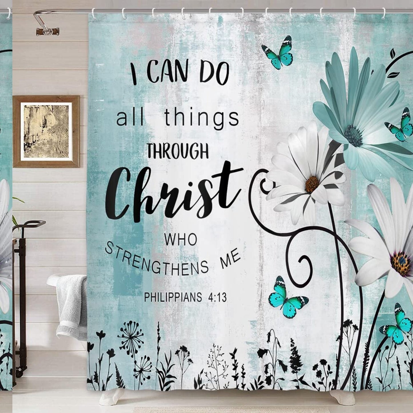 Rustic Teal Floral Shower Curtain 70x70in