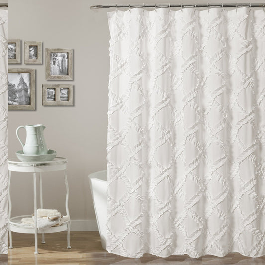 White Ruffle Diamond Shower Curtain 72" x 72"