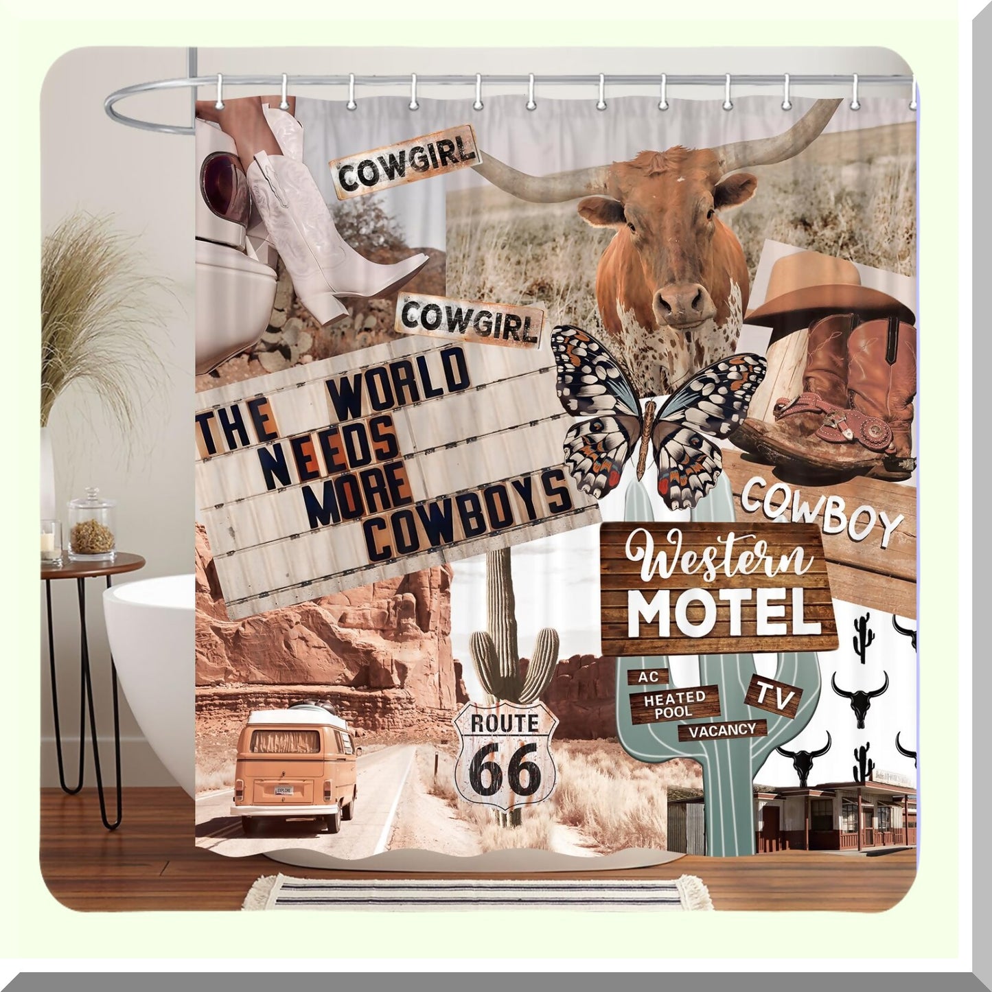 Western Boho Shower Curtain 60x70IN with Cow Butterfly Cactus Design