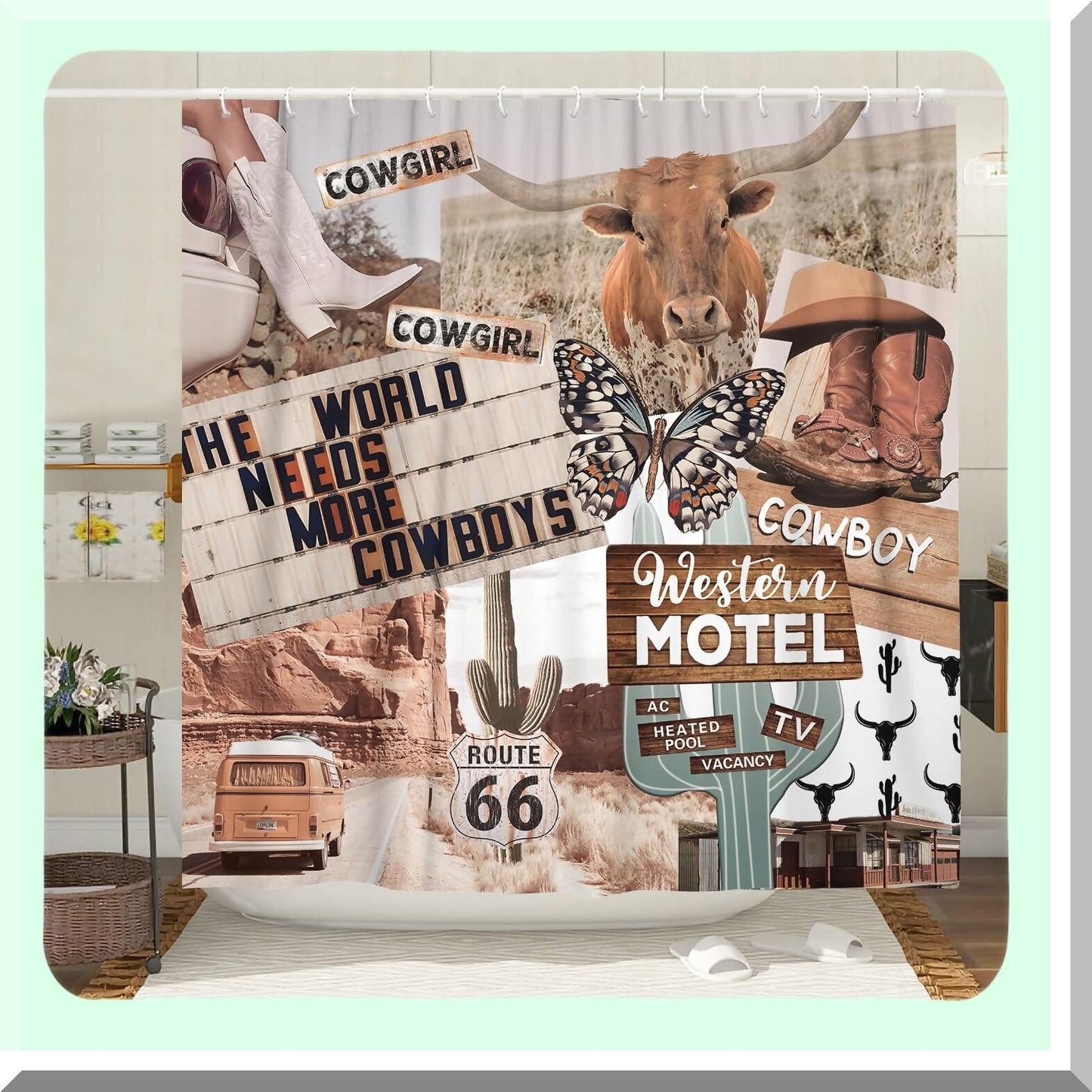 Western Boho Shower Curtain 60x70IN with Cow Butterfly Cactus Design