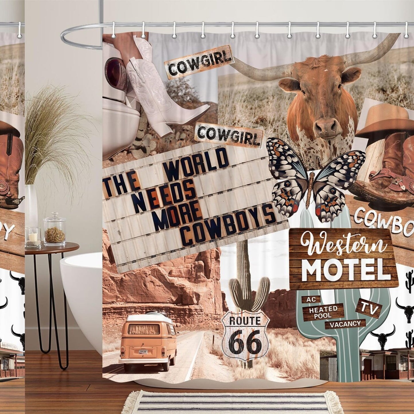 Western Boho Shower Curtain 60x70IN with Cow Butterfly Cactus Design