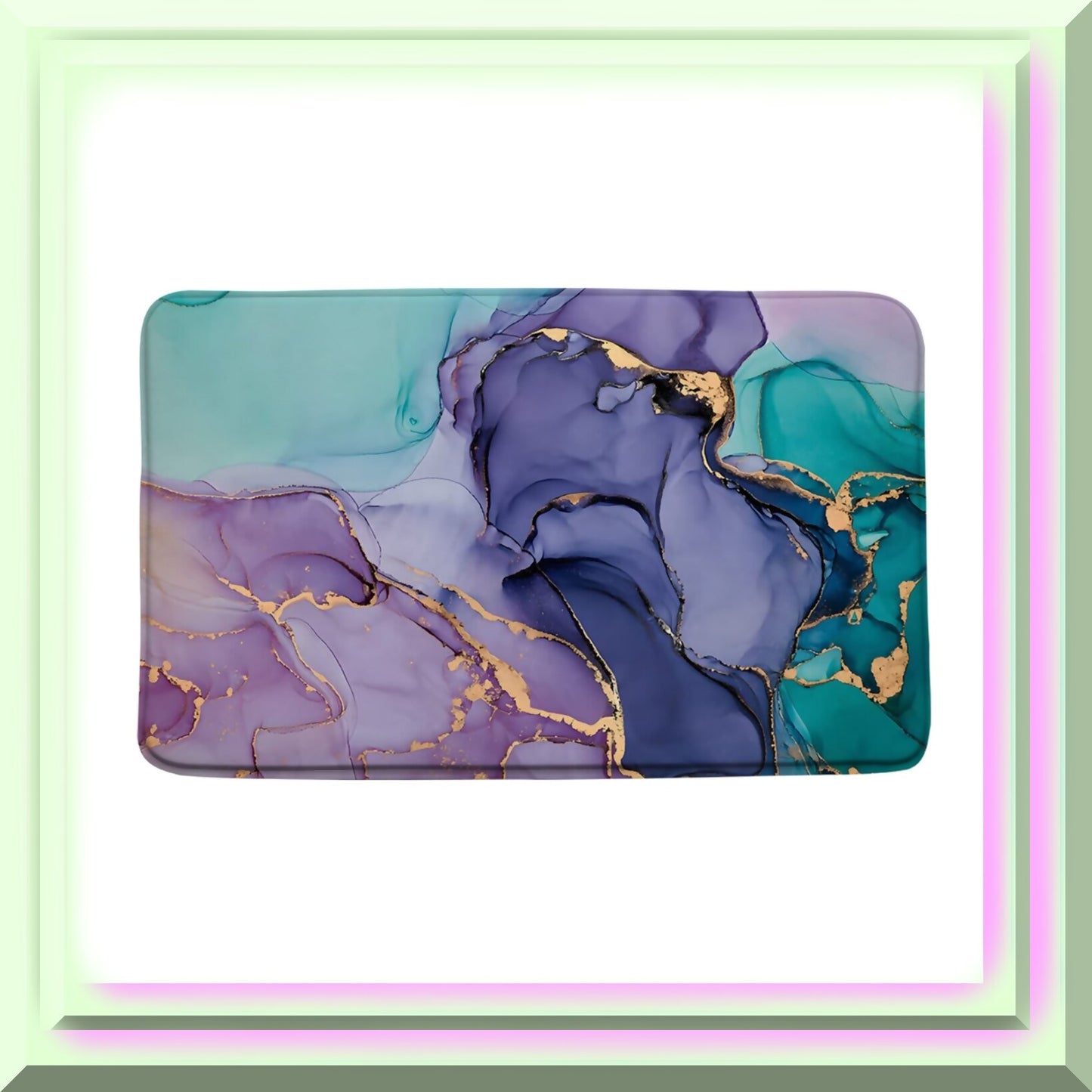 Purple Pink Turquoise Marble Bath Mat with Gold Stripes