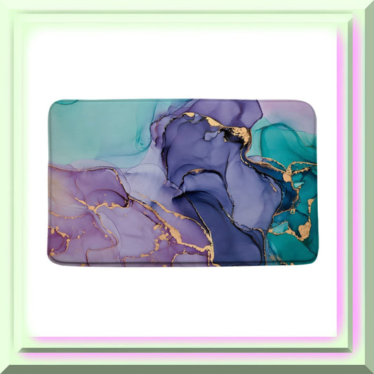 Purple Pink Turquoise Marble Bath Mat with Gold Stripes