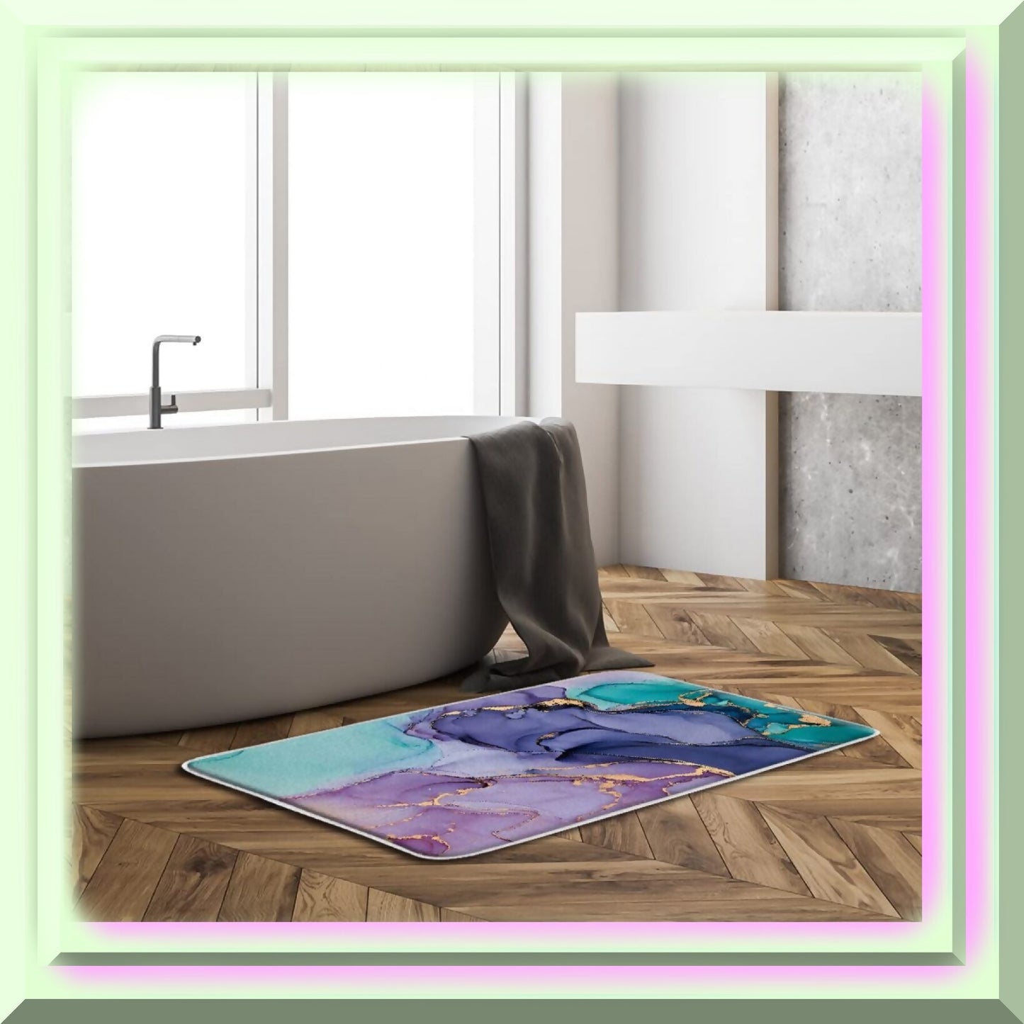 Purple Pink Turquoise Marble Bath Mat with Gold Stripes