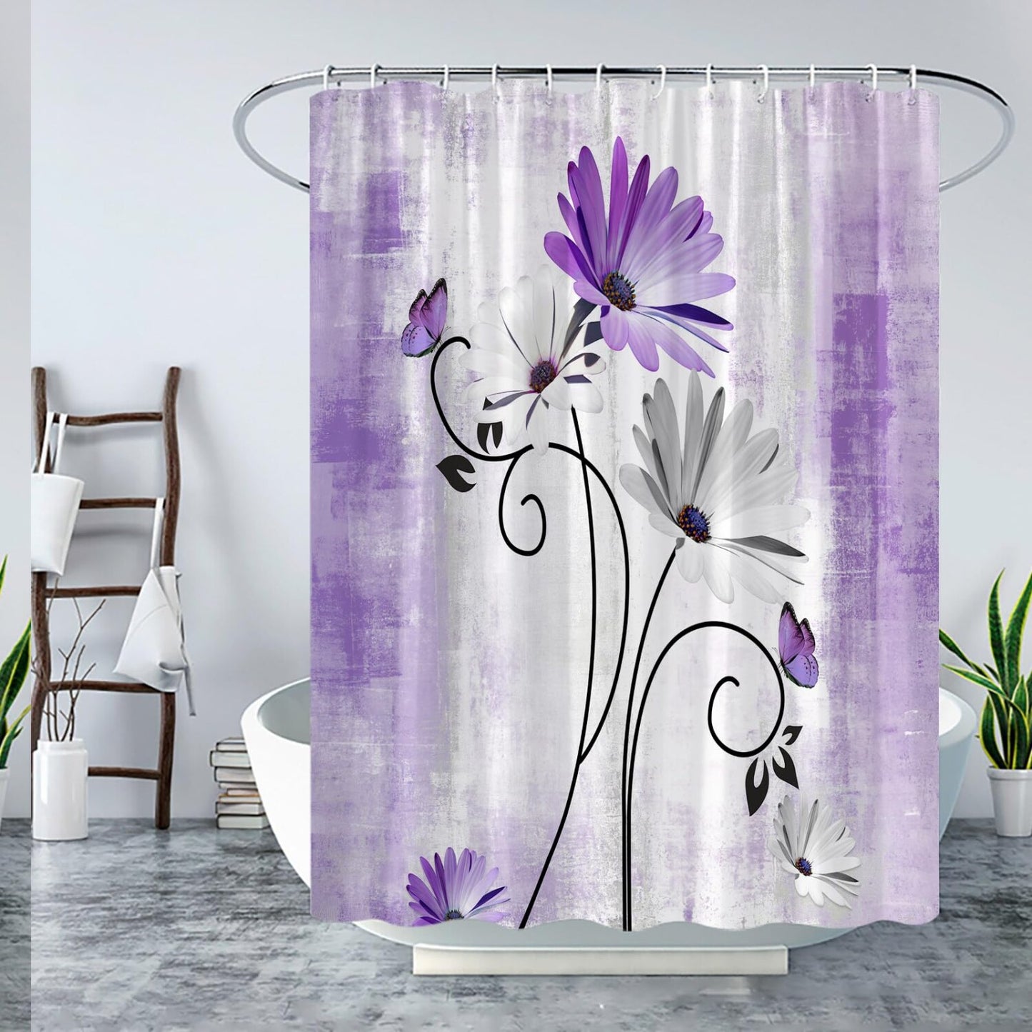 Rustic Farm Purple Floral Shower Curtain with Hooks