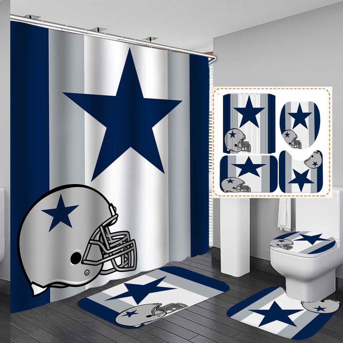Football Shower Curtain Set with Non-Slip Bath Rugs