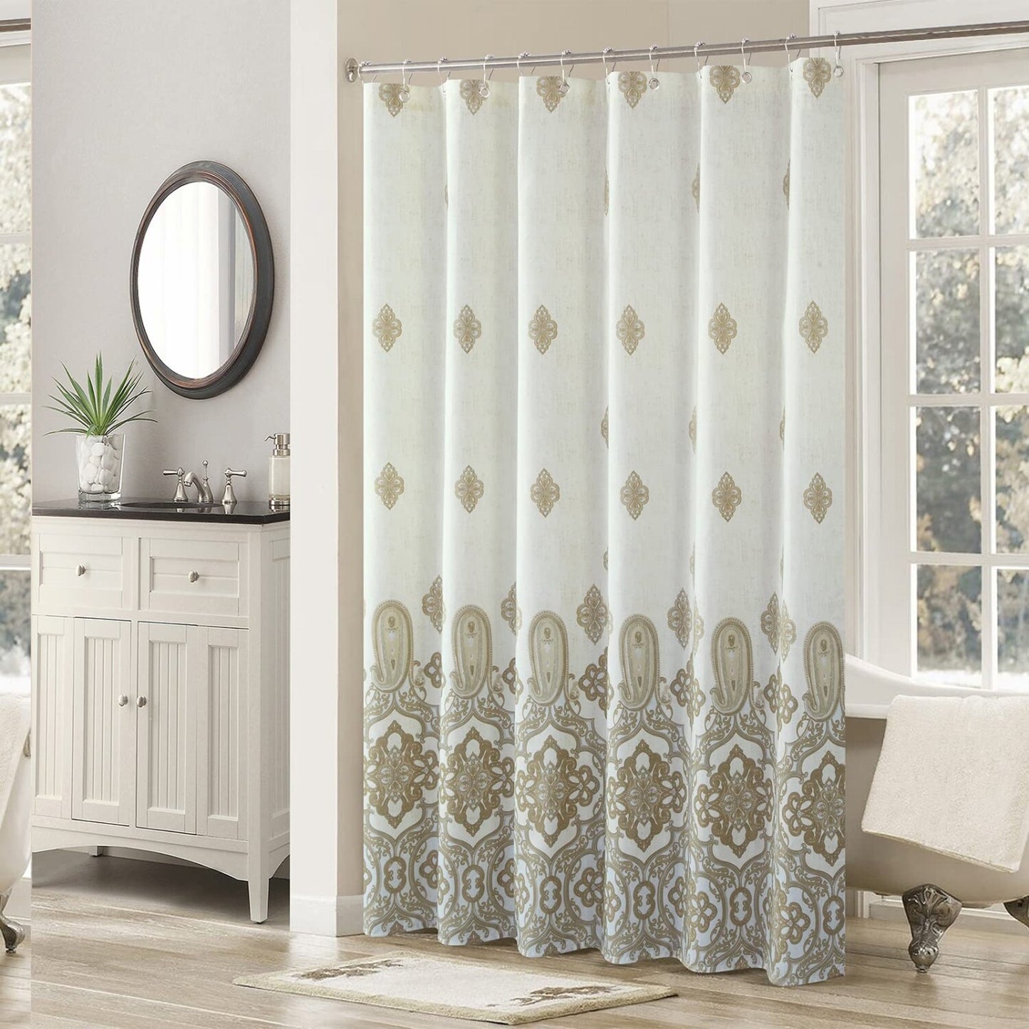 Beige Farmhouse Polyester Waterproof Shower Curtain