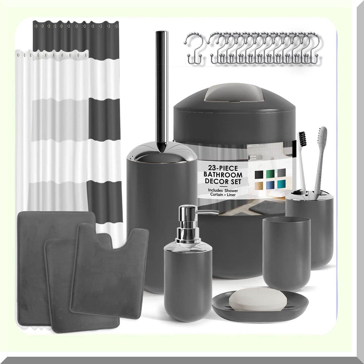 Gray Bathroom Accessories Set 23PC with Shower Curtain and Rugs