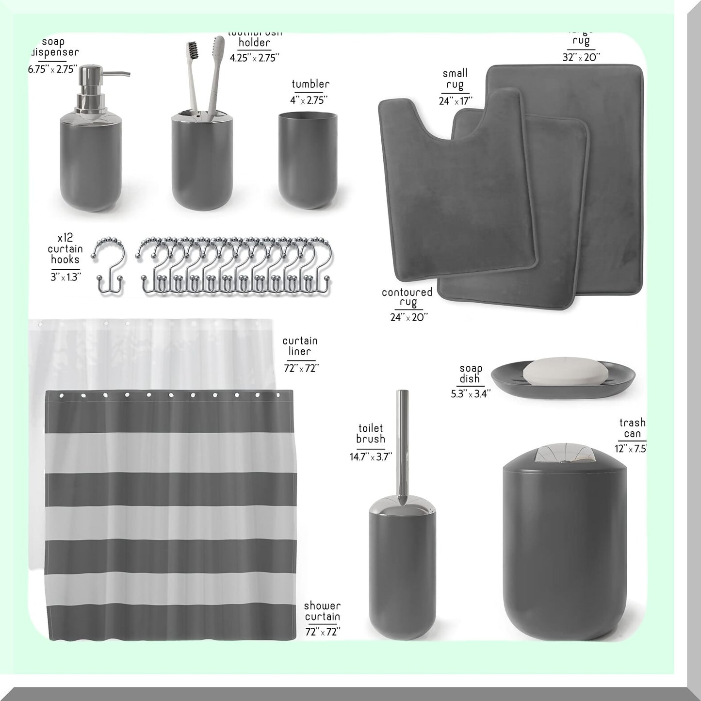 Gray Bathroom Accessories Set 23PC with Shower Curtain and Rugs