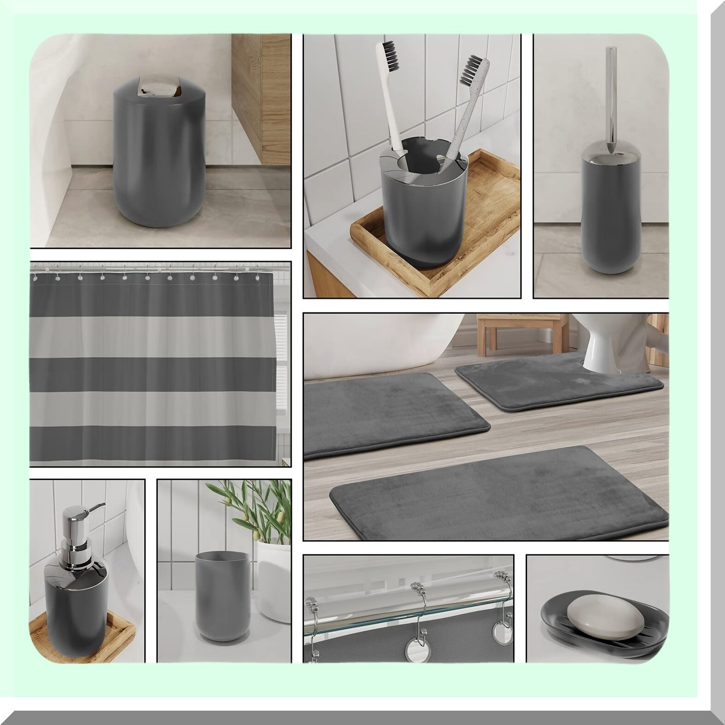 Gray Bathroom Accessories Set 23PC with Shower Curtain and Rugs