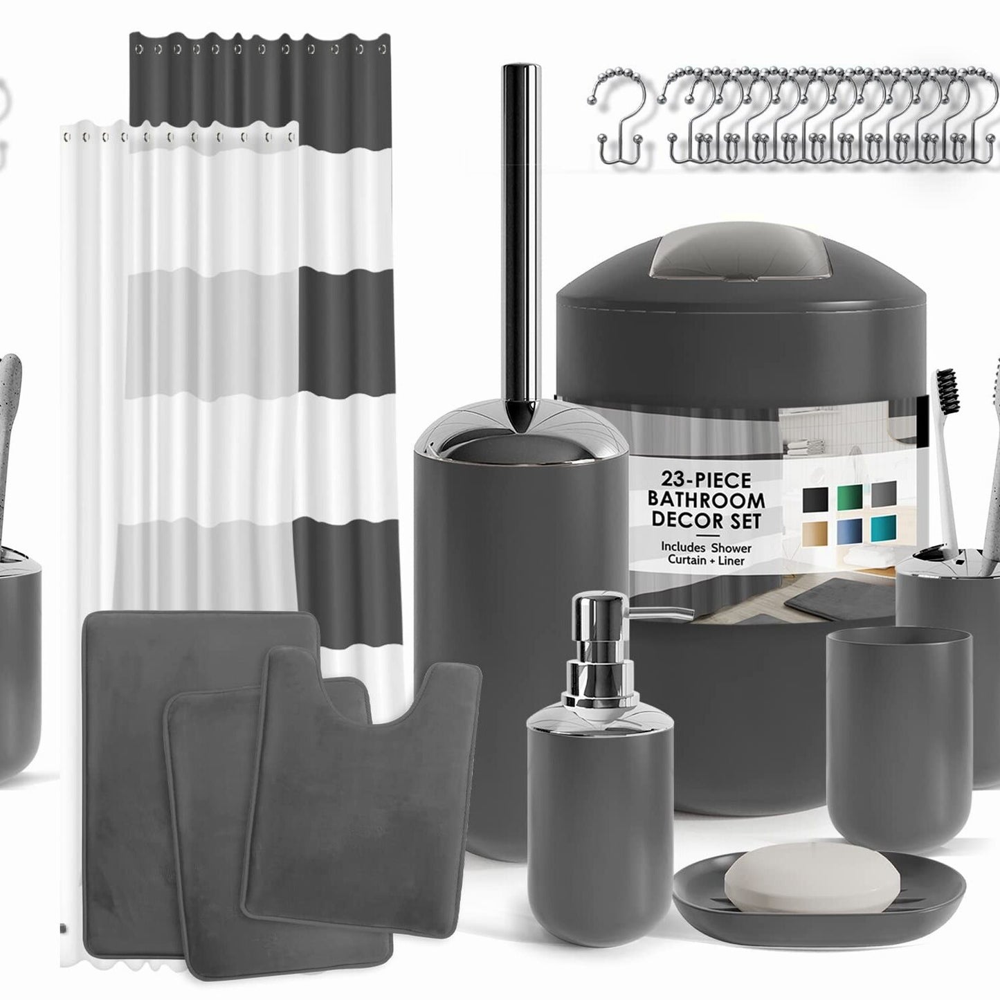 Gray Bathroom Accessories Set 23PC with Shower Curtain and Rugs
