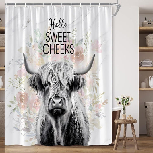 Farmhouse Highland Cow Shower Curtain with Pink Flowers