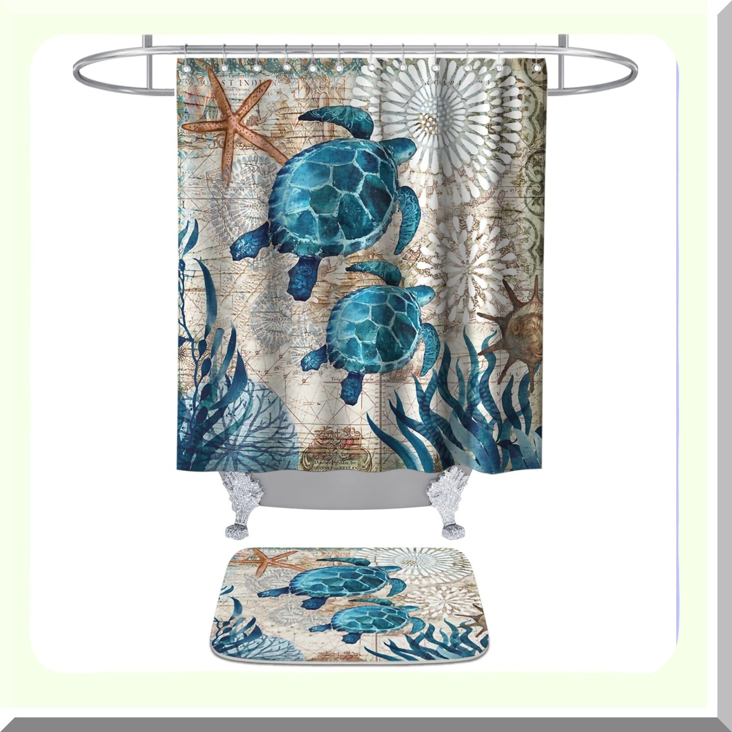 Sea Turtles Ocean Nautical Bathroom Set with Shower Curtain and Rug