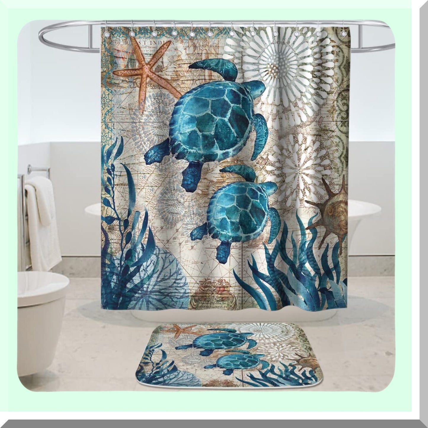 Sea Turtles Ocean Nautical Bathroom Set with Shower Curtain and Rug