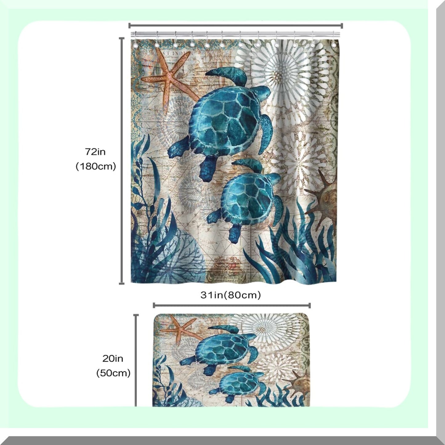Sea Turtles Ocean Nautical Bathroom Set with Shower Curtain and Rug