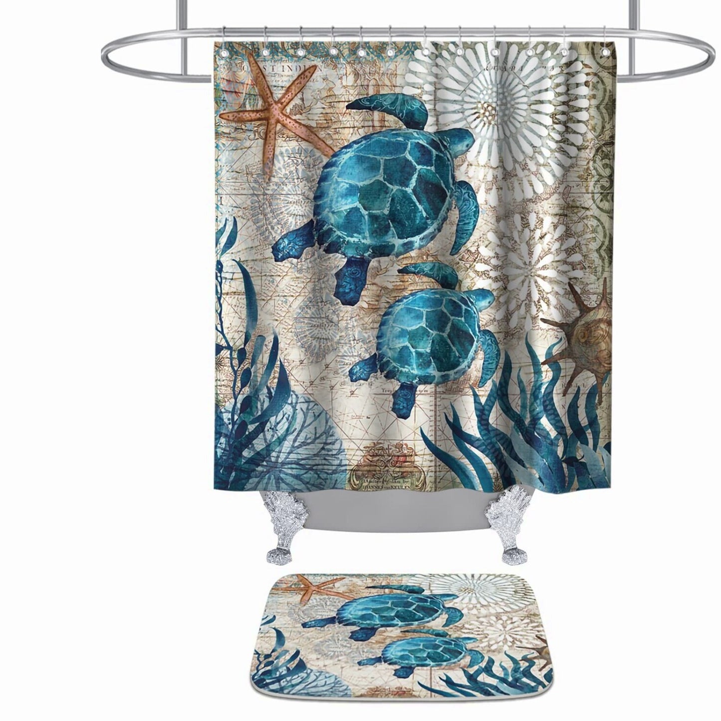 Sea Turtles Ocean Nautical Bathroom Set with Shower Curtain and Rug