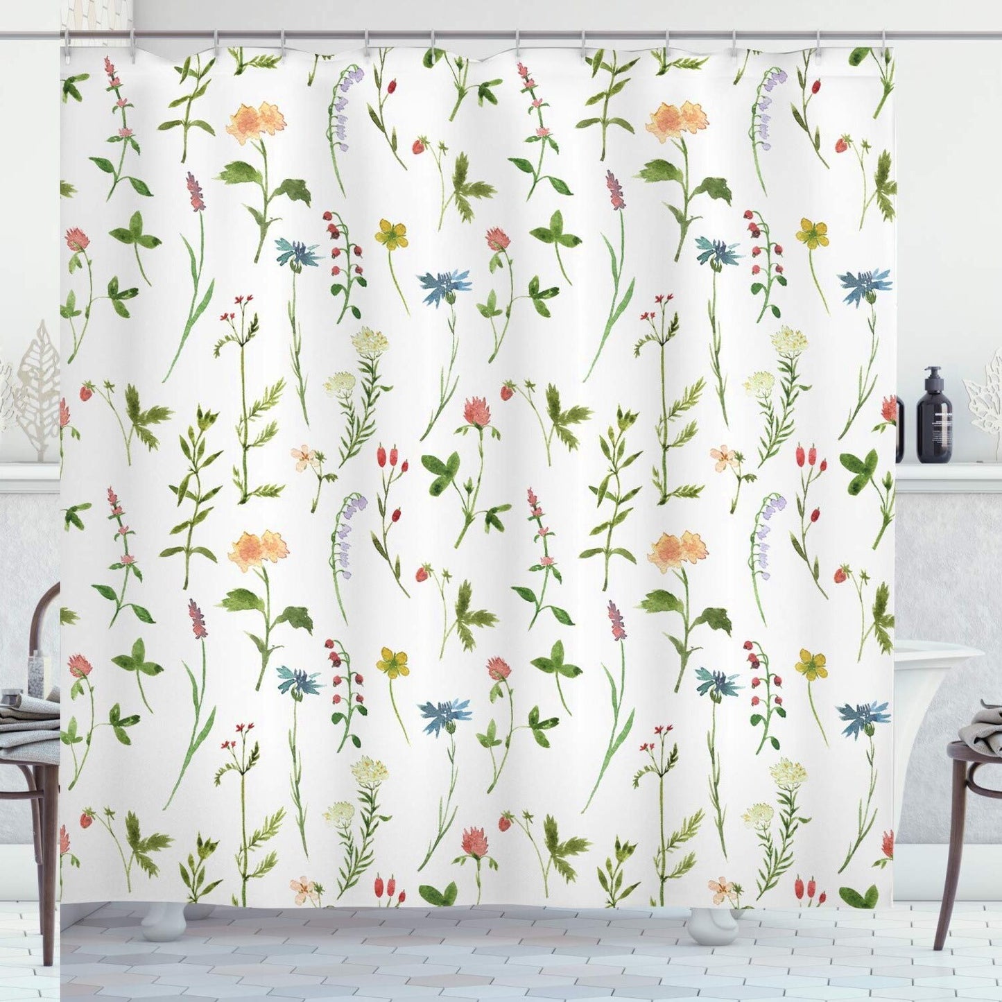 Floral Shower Curtain Spring Flowers Watercolors 69x70 Ivory