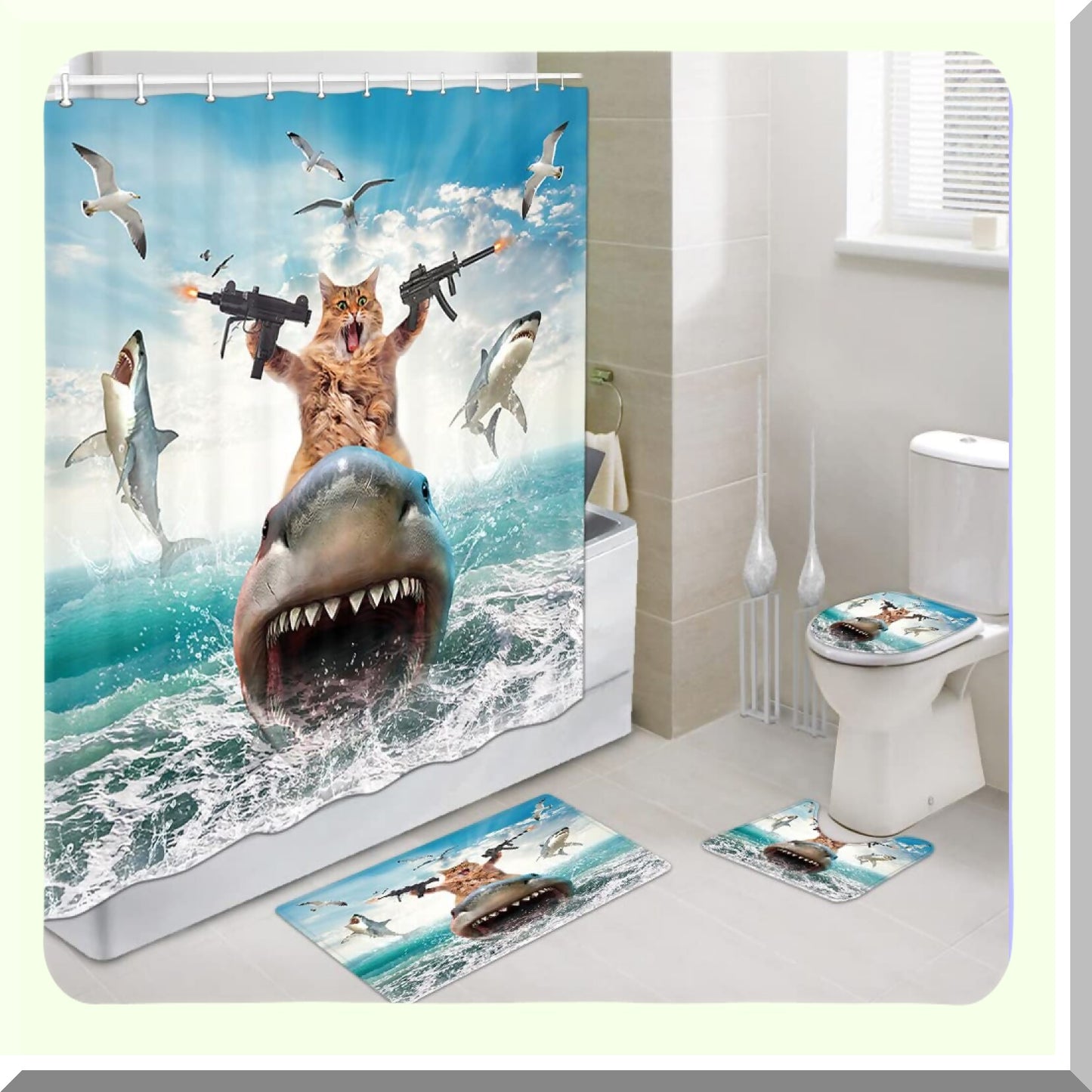 Funny Cat Shower Curtain Set with 12 Hooks 69x70in