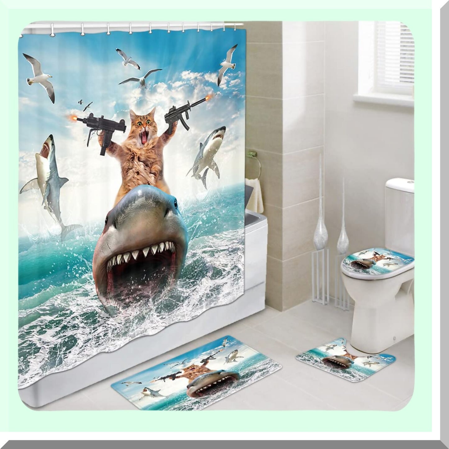 Funny Cat Shower Curtain Set with 12 Hooks 69x70in