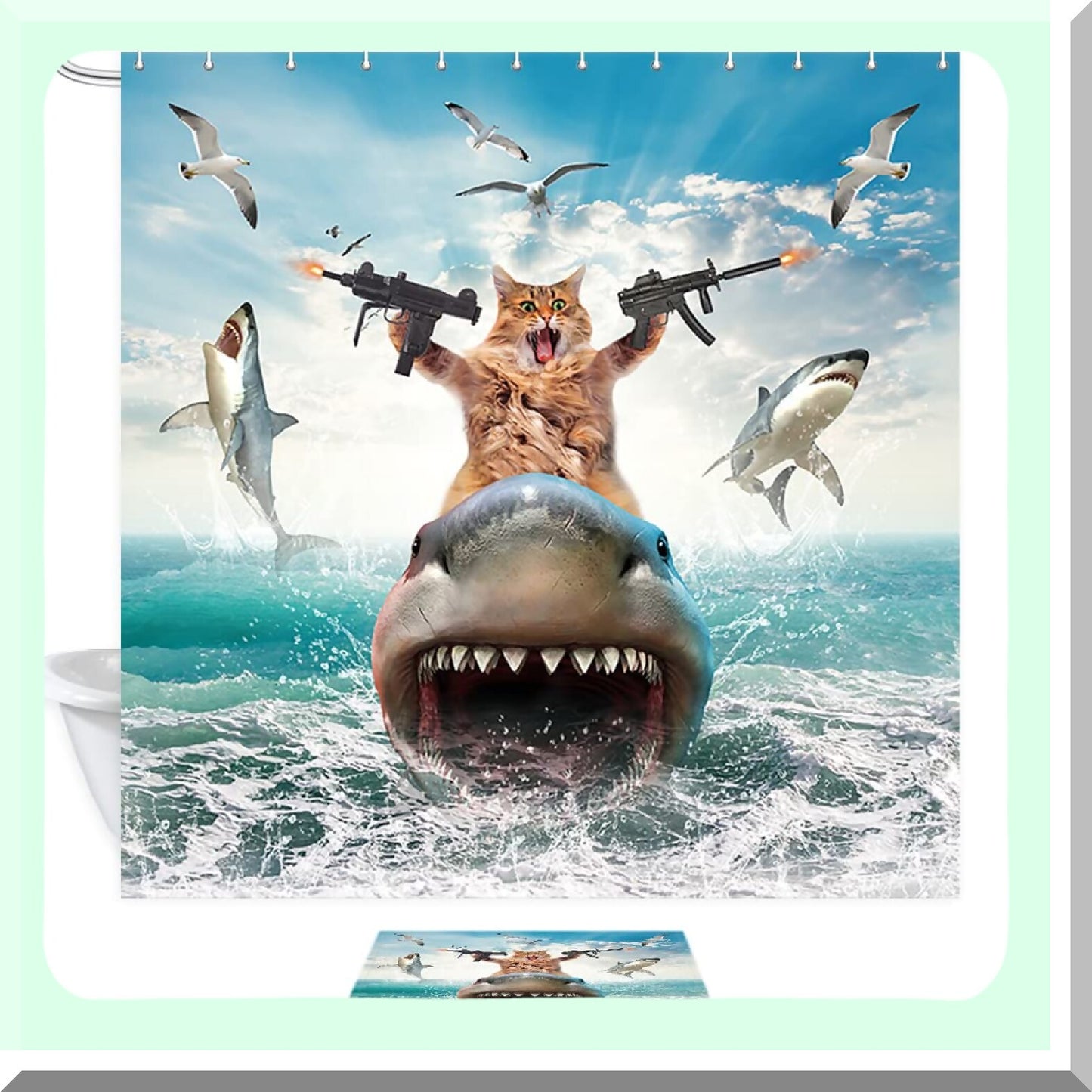 Funny Cat Shower Curtain Set with 12 Hooks 69x70in
