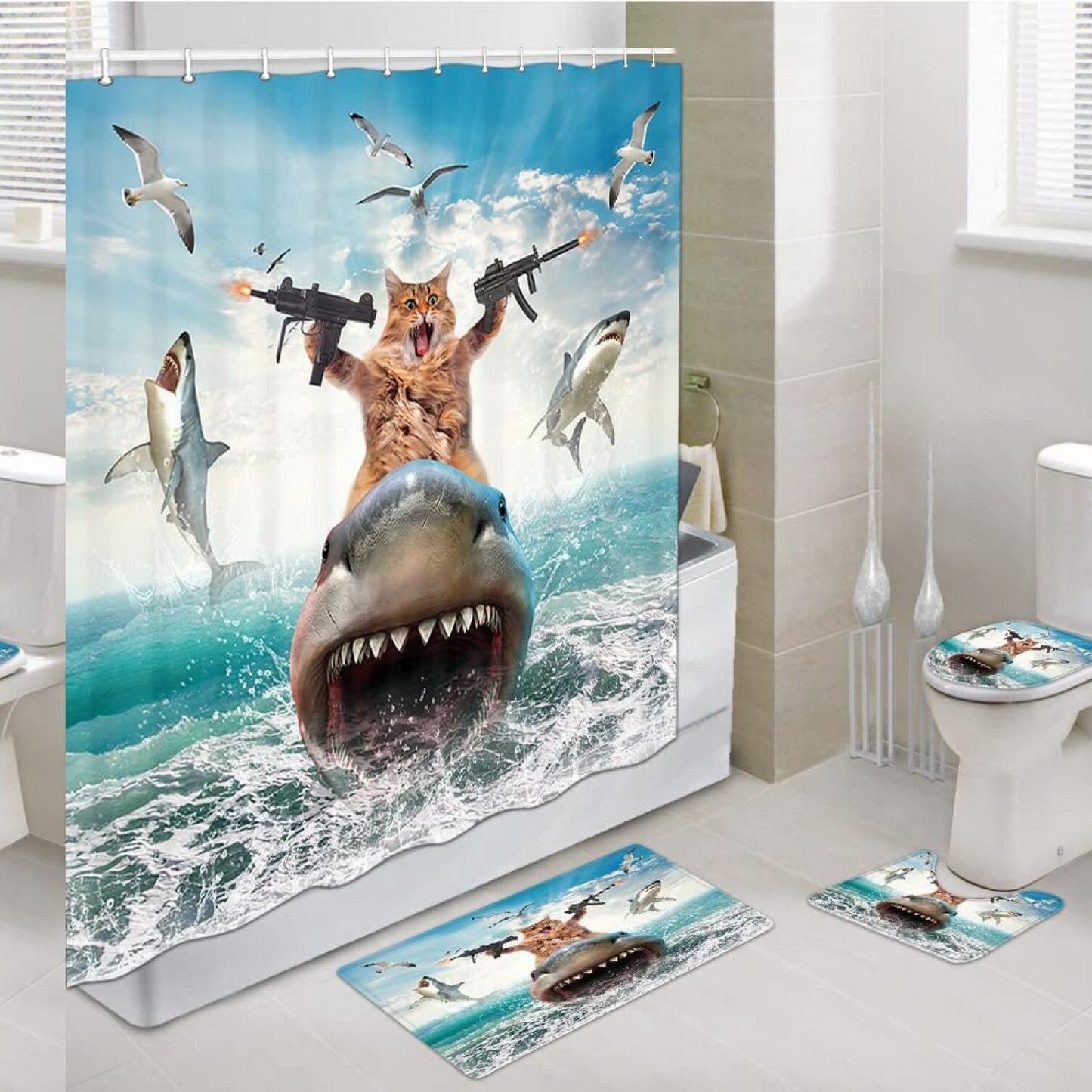 Funny Cat Shower Curtain Set with 12 Hooks 69x70in