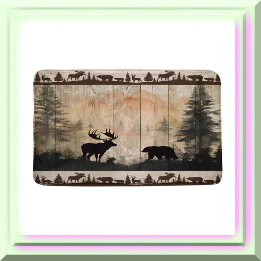 Rustic Cabin Bath Mat Bear Deer Forest Print