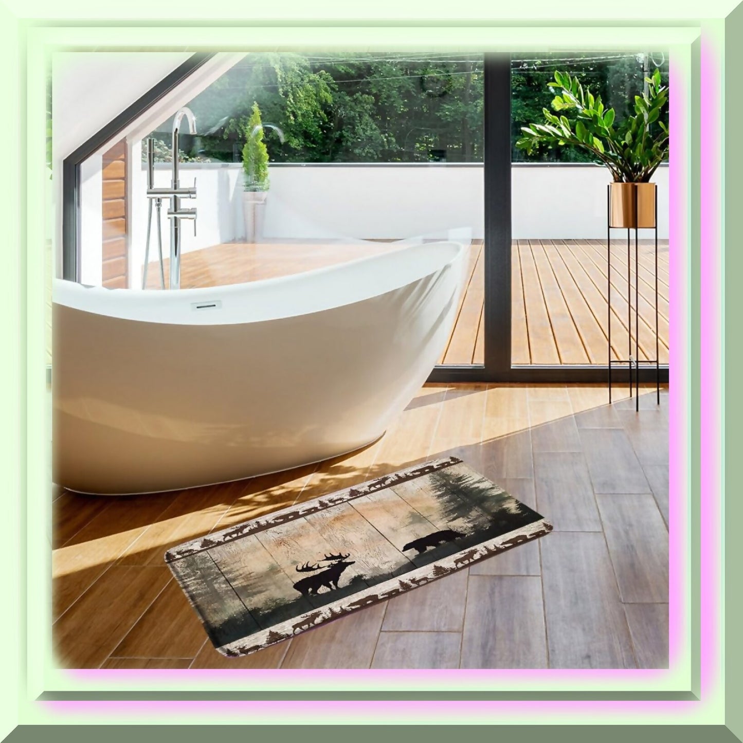 Rustic Cabin Bath Mat Bear Deer Forest Print