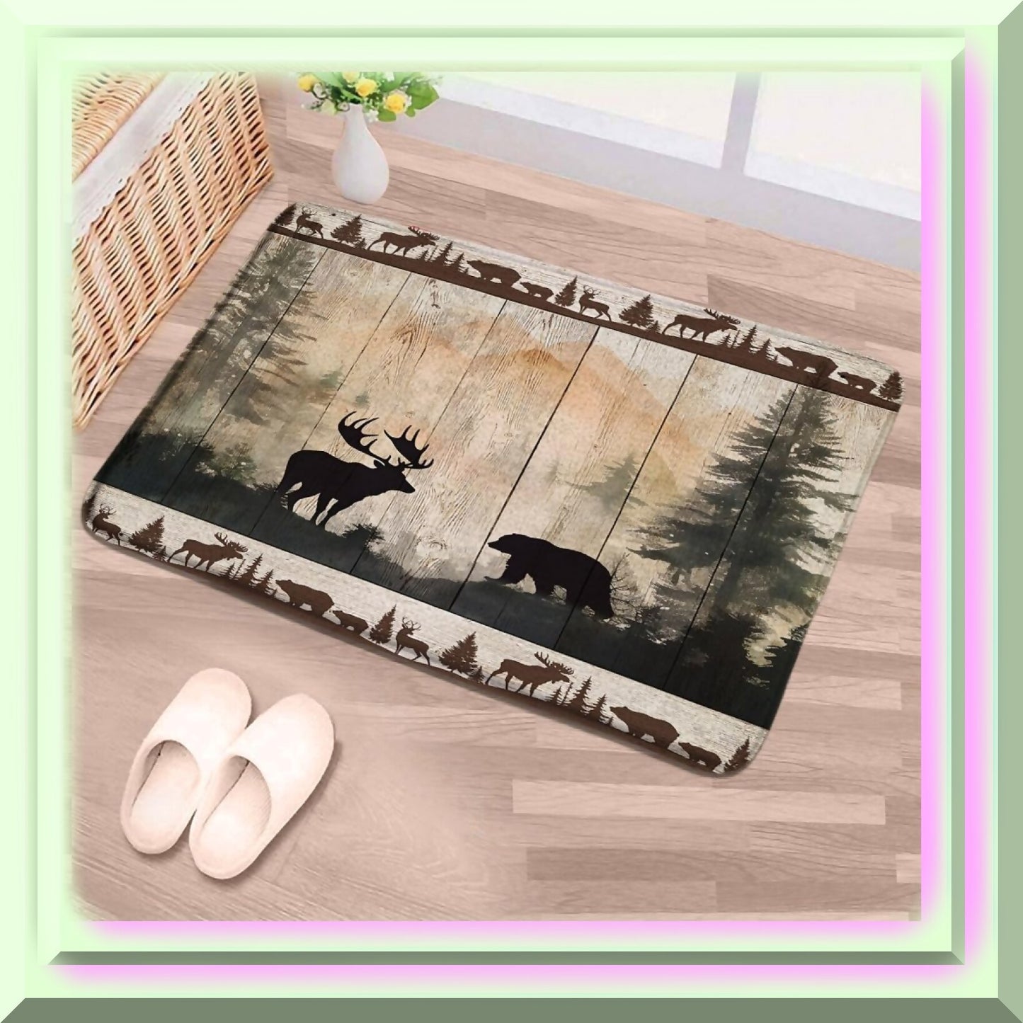 Rustic Cabin Bath Mat Bear Deer Forest Print