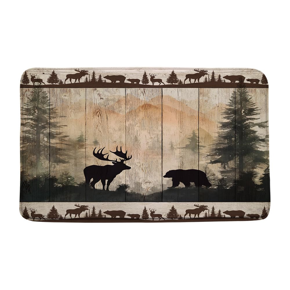 Rustic Cabin Bath Mat Bear Deer Forest Print