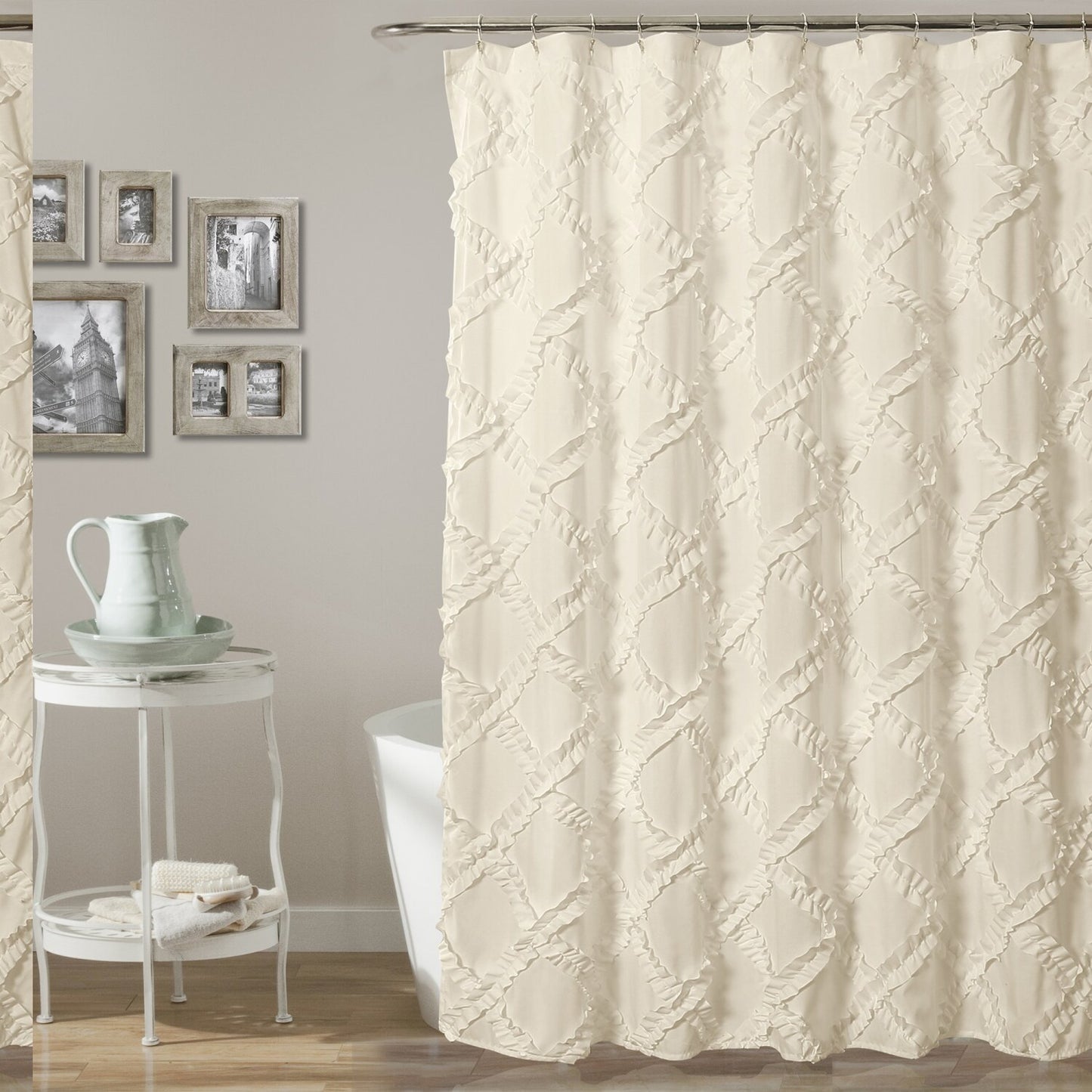 Ivory/Pale Yellow Ruffle Diamond Shower Curtain 72x72