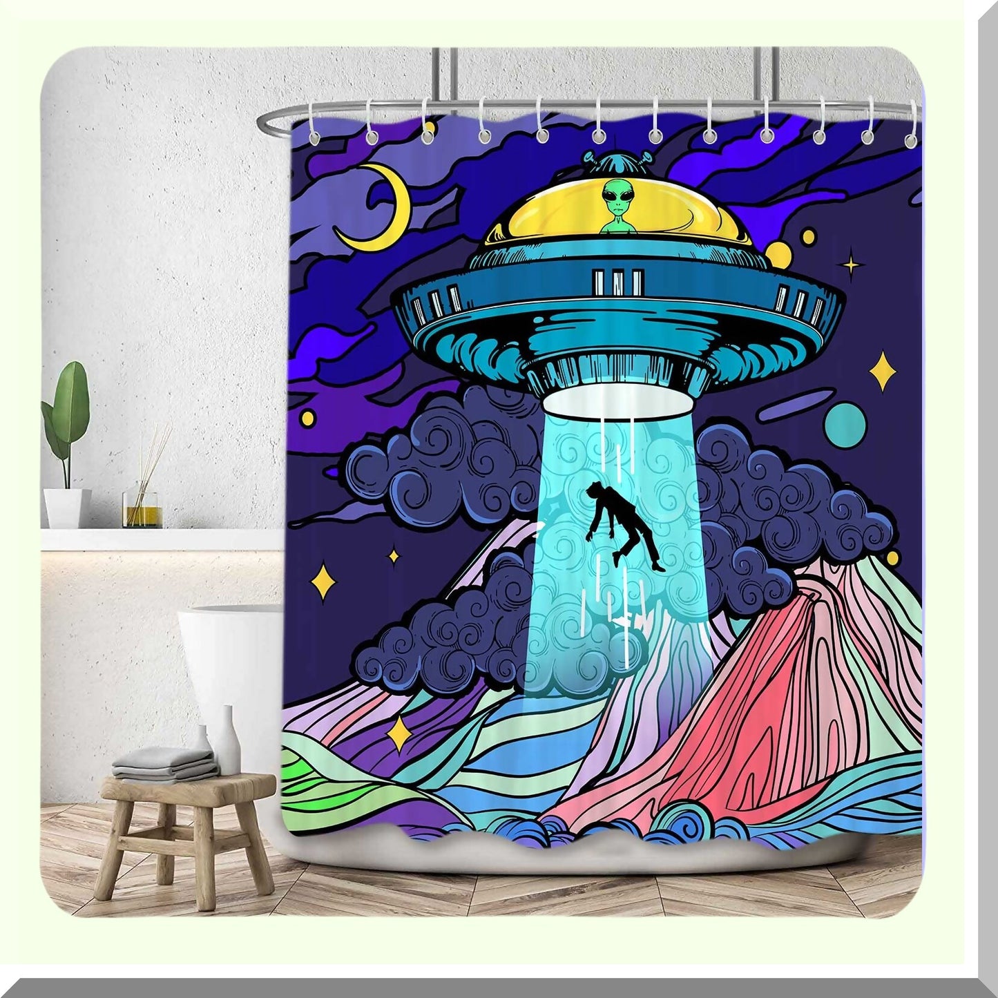 Funny UFO Alien Shower Curtain 72x72 inches Blue Purple Fabric