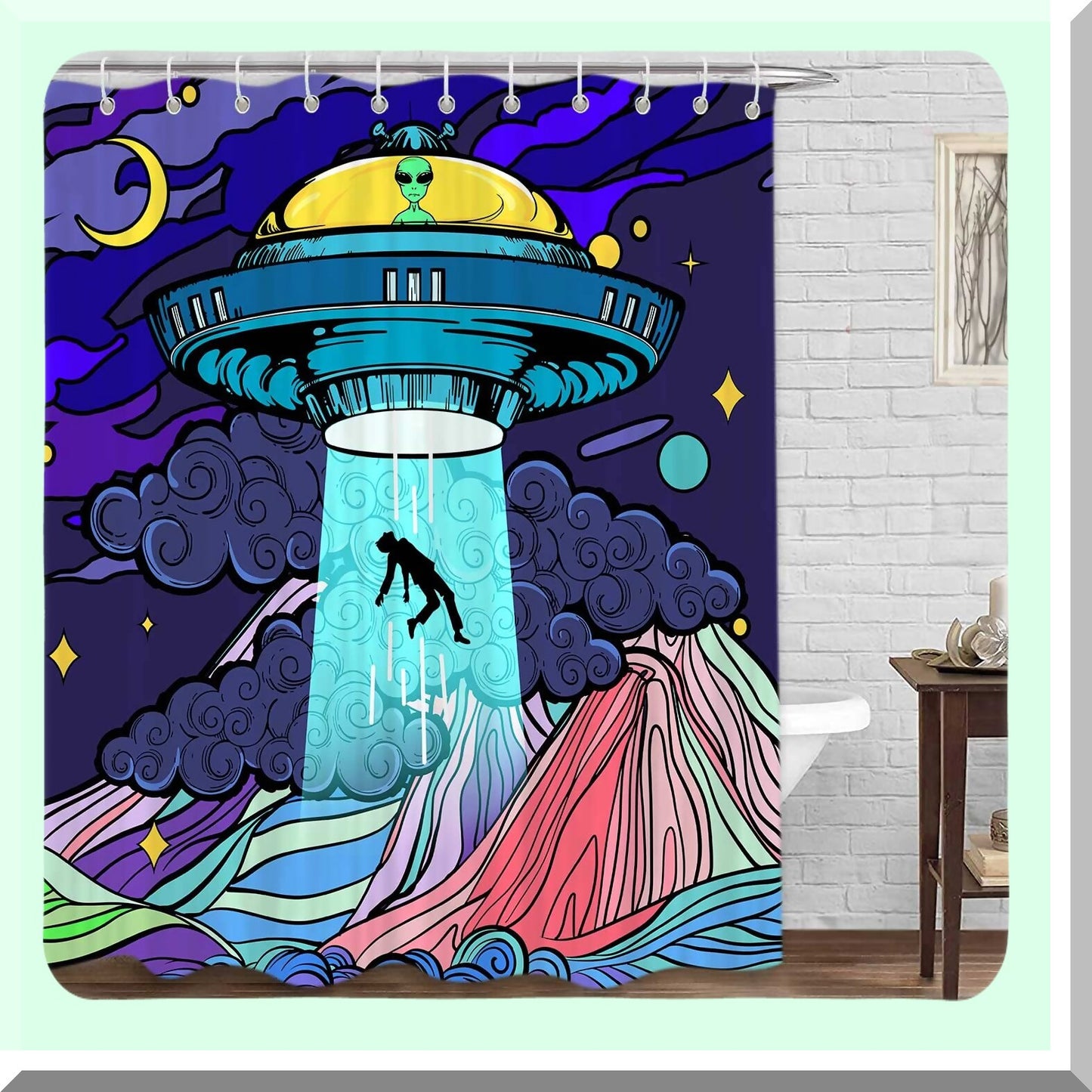 Funny UFO Alien Shower Curtain 72x72 inches Blue Purple Fabric