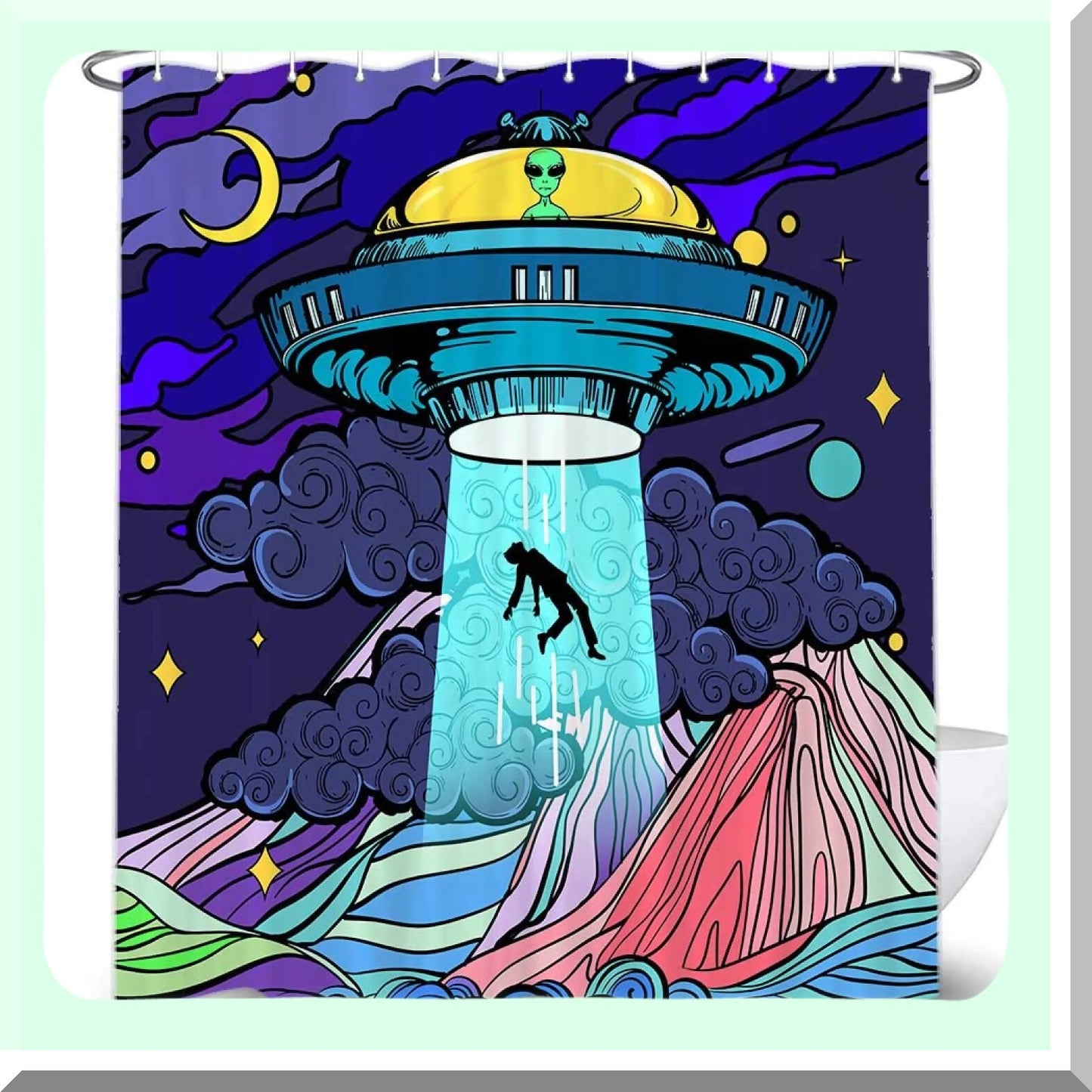 Funny UFO Alien Shower Curtain 72x72 inches Blue Purple Fabric