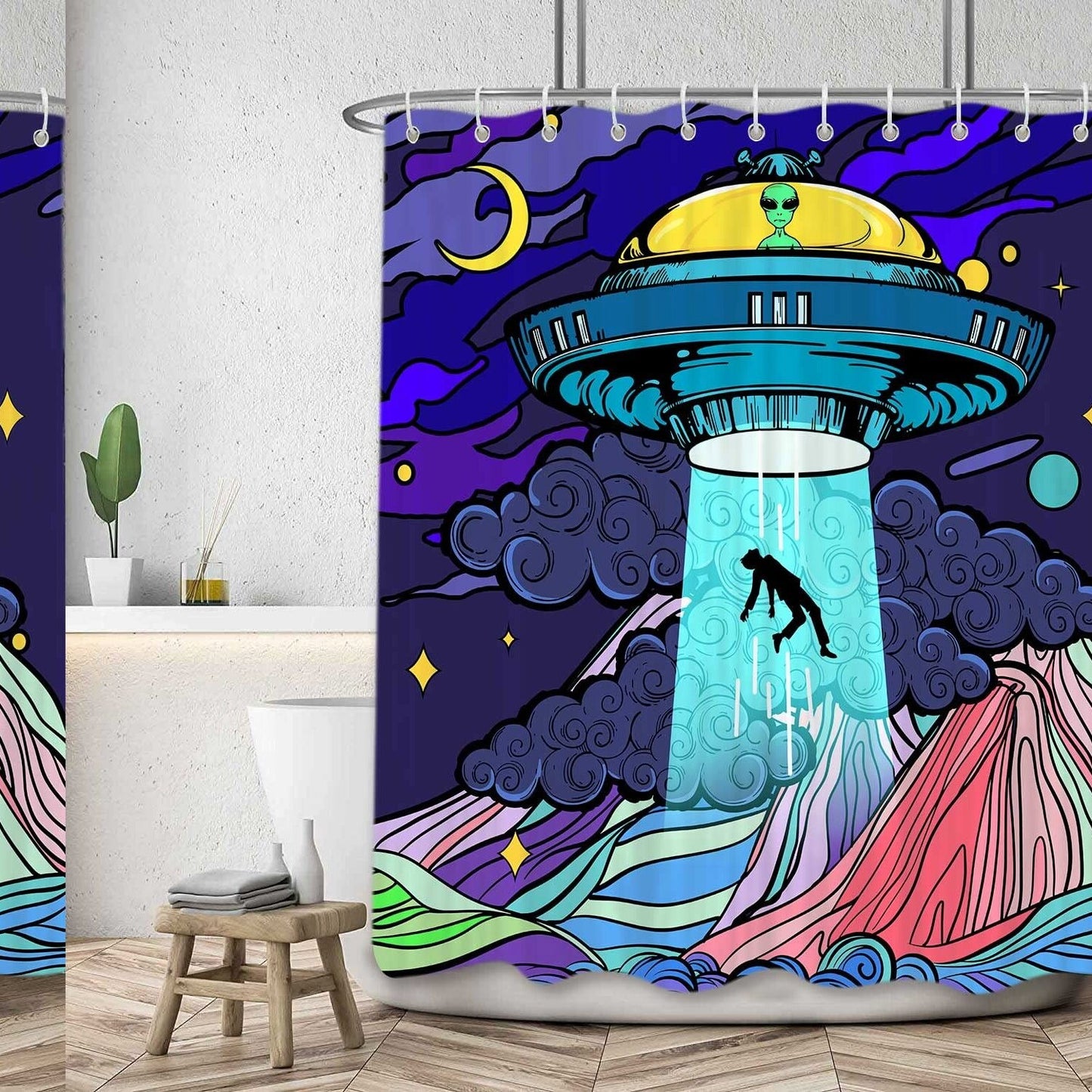 Funny UFO Alien Shower Curtain 72x72 inches Blue Purple Fabric