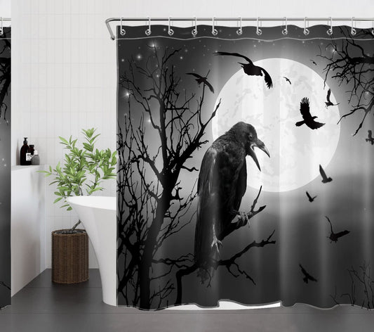 Crow Shower Curtain with Dead Tree and Full Moon, 70x70 Inch