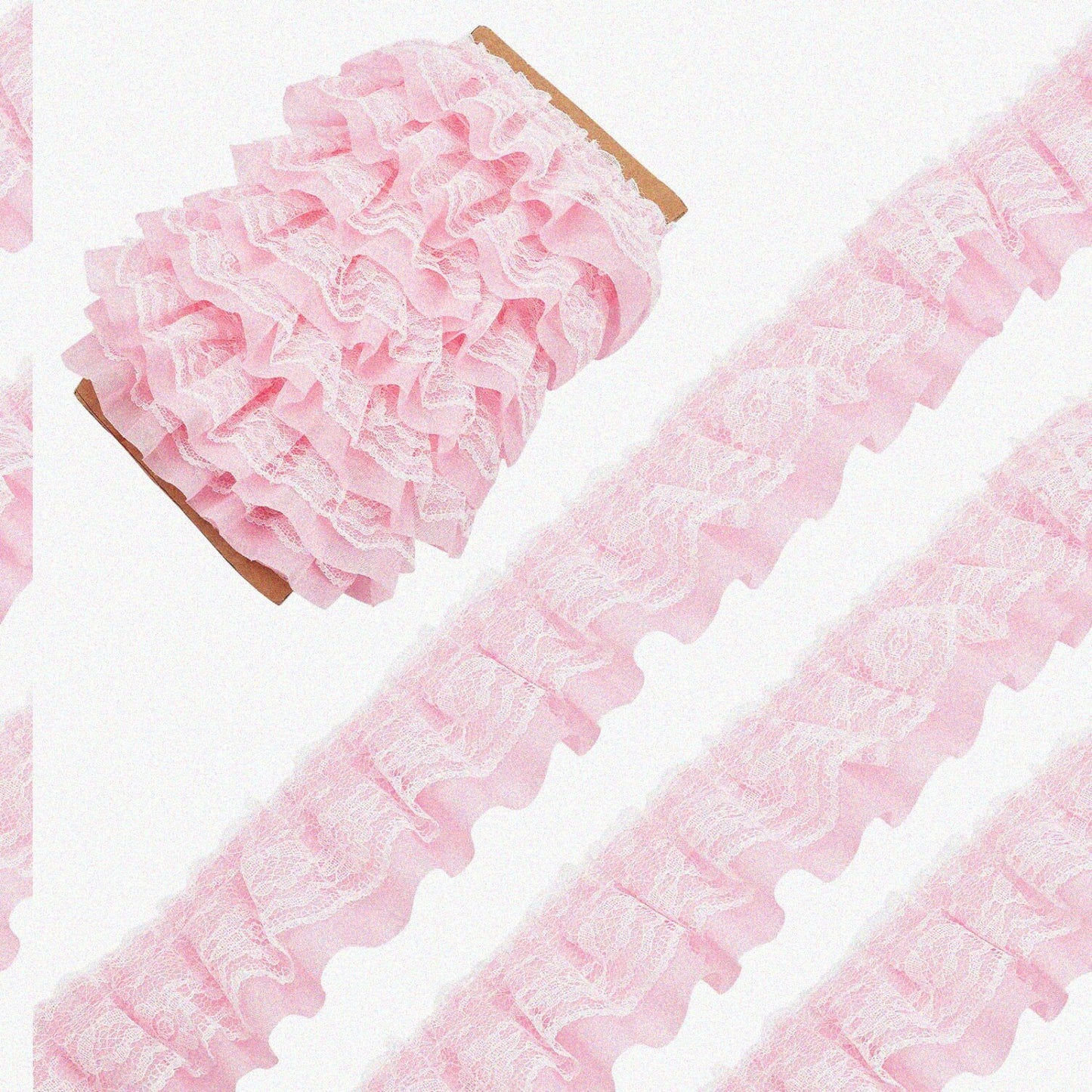 Pink Double-Layer Pleated Chiffon Lace Trim 11 Yards