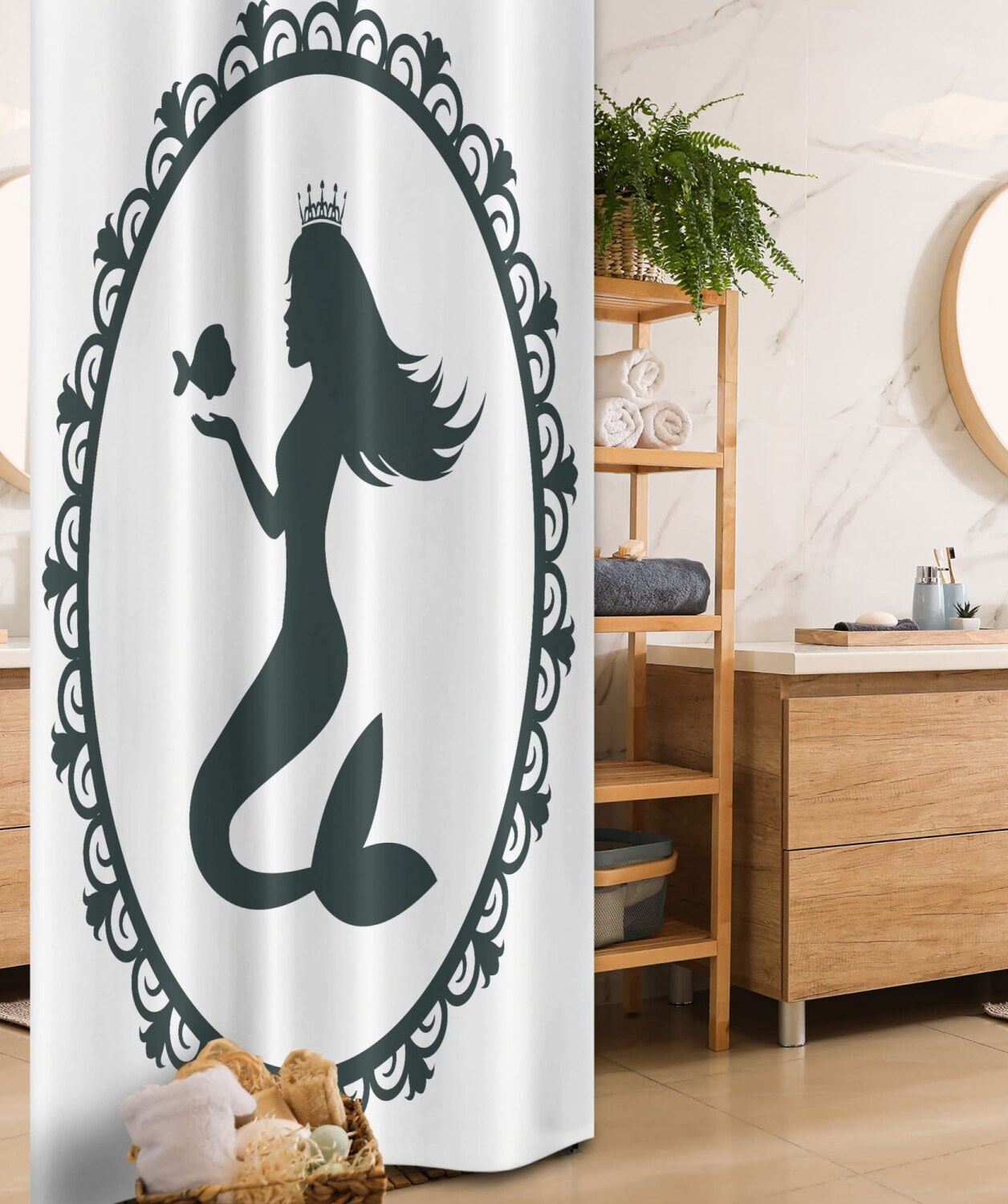 Mermaid Shower Curtain Vintage Cartoon Girl Fish 36x72