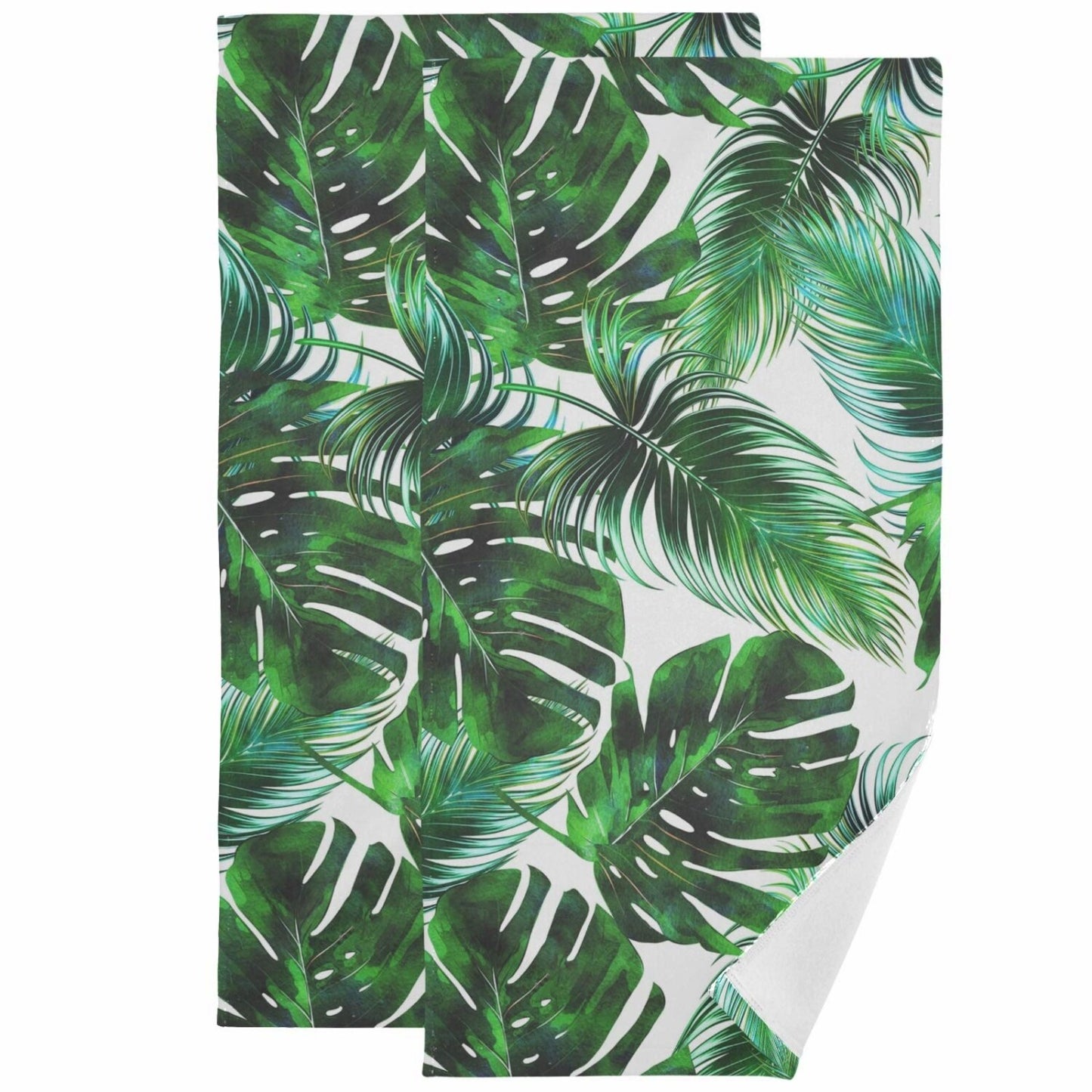 Tropical Palm Leaves Jungle Hand Towels Set of 2 Green 16x30 in