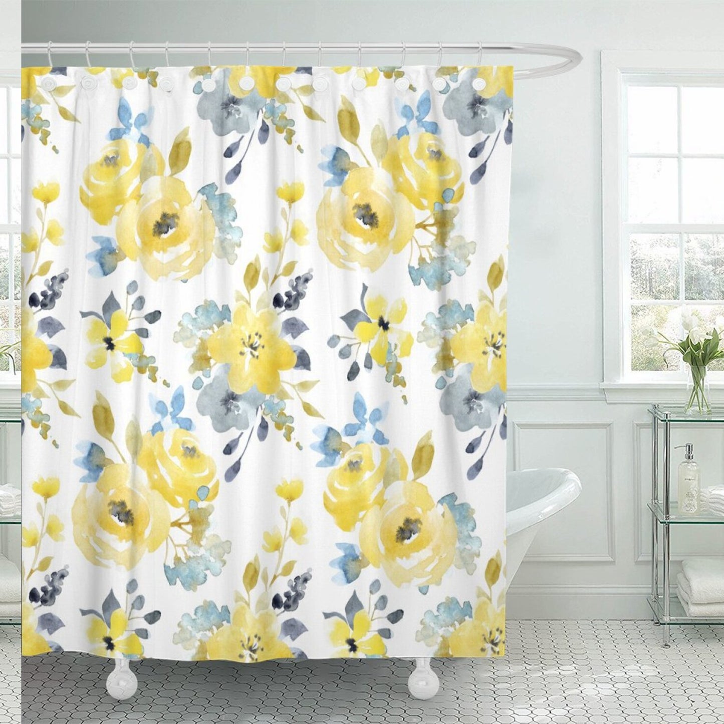 Black Floral Watercolor Shower Curtain 72x72 inches