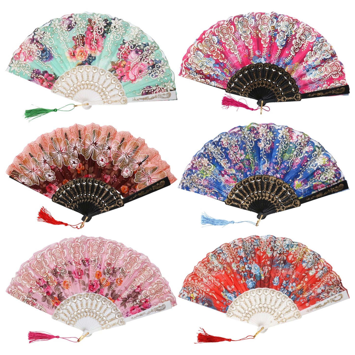 Glitter-Accented Floral Foldable Fans, 9x17 in. (Pack of 24)